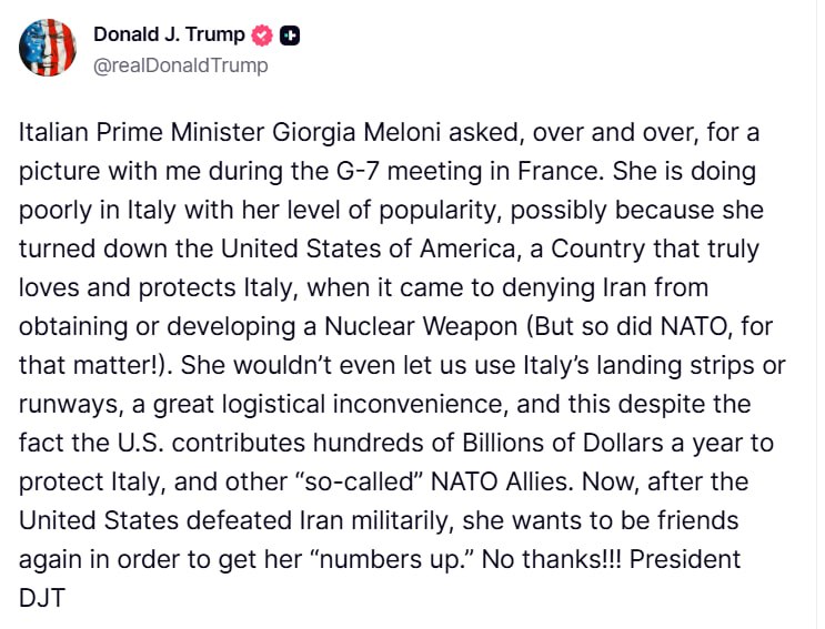 Трамп раскритиковал премьера Италии Мелони на саммите G7 во Франции