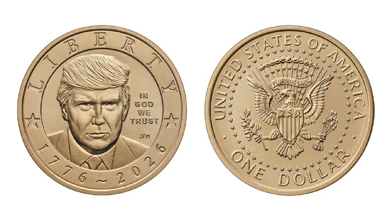 Золотая монета номиналом 1 доллар с изображением президента Трампа к 250-летию независимости США